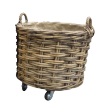 ROUND LOG BASKET WITH WHEELS & JUTE LINER SMALL