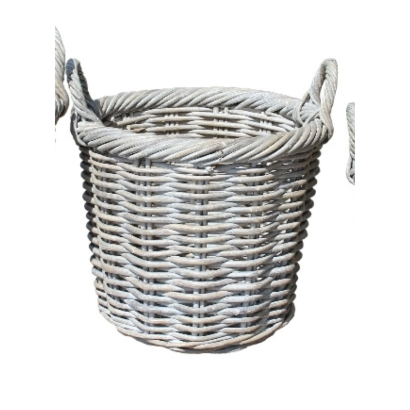 WHITE WASHED ROUND BASKET WITH EAR HANDLES MID